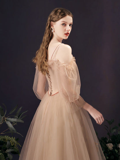 Fairytale Light Champagne Tulle Boho Prom Dress - DollyGown
