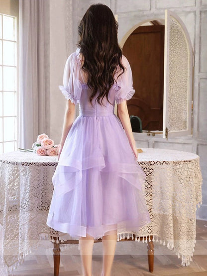 Off The Shoulder Ruffle Lavender Sheer Homecoming Dress - DollyGown