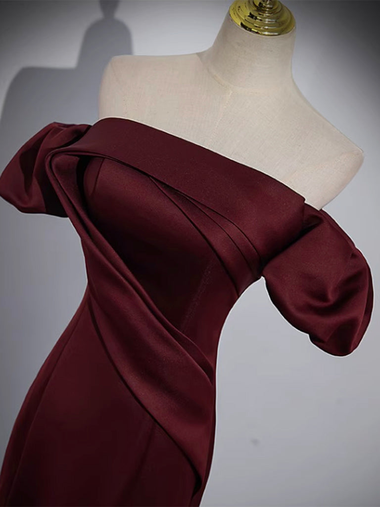 Off the Shoulder Satin Burgundy Mermaid Prom Dress Formal Gown - DollyGown