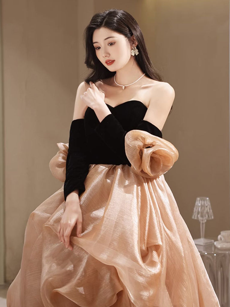 Strapless Champagne Bubble Skirt Long Prom Dress - DollyGown
