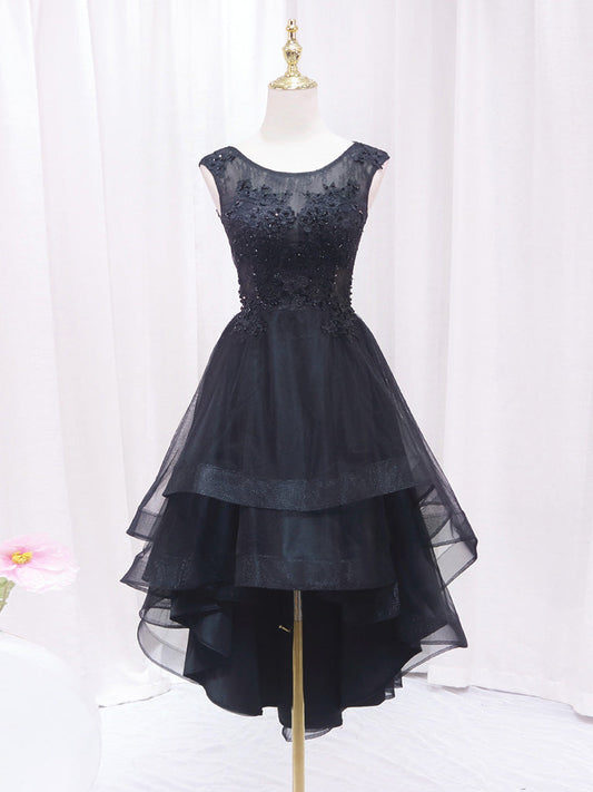 A-Line Lace Tulle Black Short Prom Dress, High Low Black Homecoming Dress - DollyGown