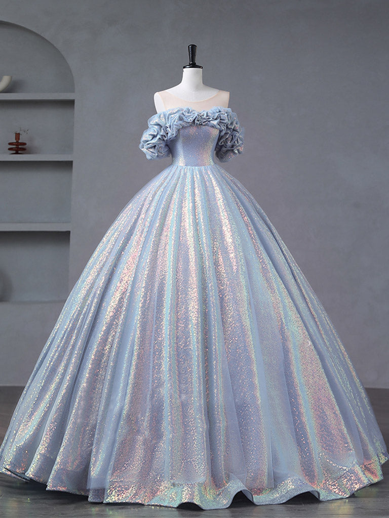 Illusion Creased Off The Shoulder Light Blue Ball Gown Quinceanera Dress - DollyGown
