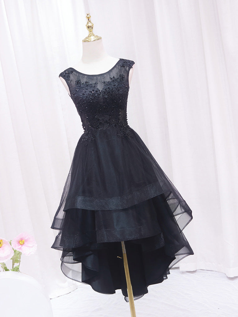 A-Line Lace Tulle Black Short Prom Dress, High Low Black Homecoming Dress - DollyGown