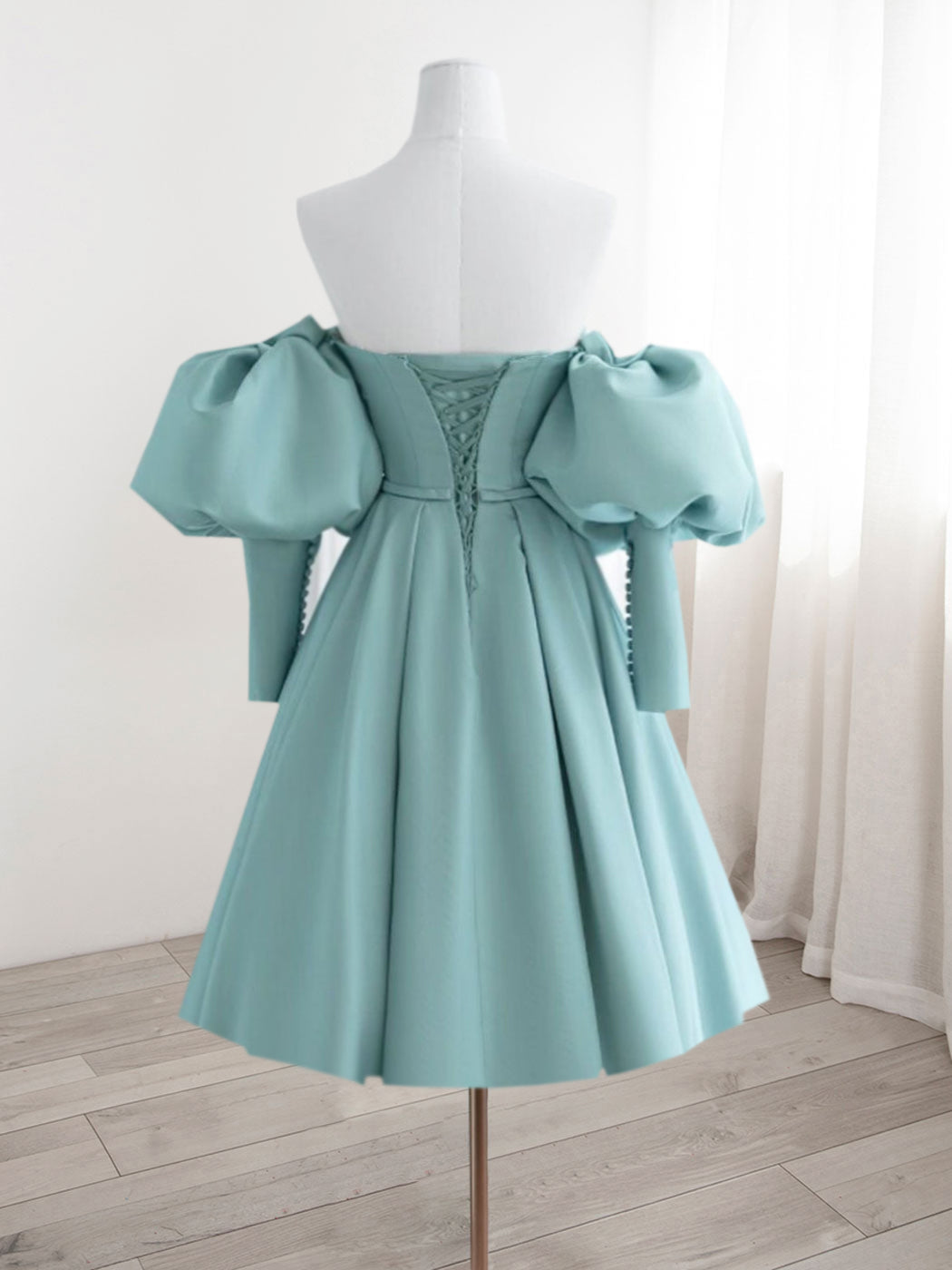 Pale Teal Off The Shoulder Short Prom Dress with Bubble Sleeves Pale Teal Off The Shoulder Short Prom Dress with Bubble Sleeves