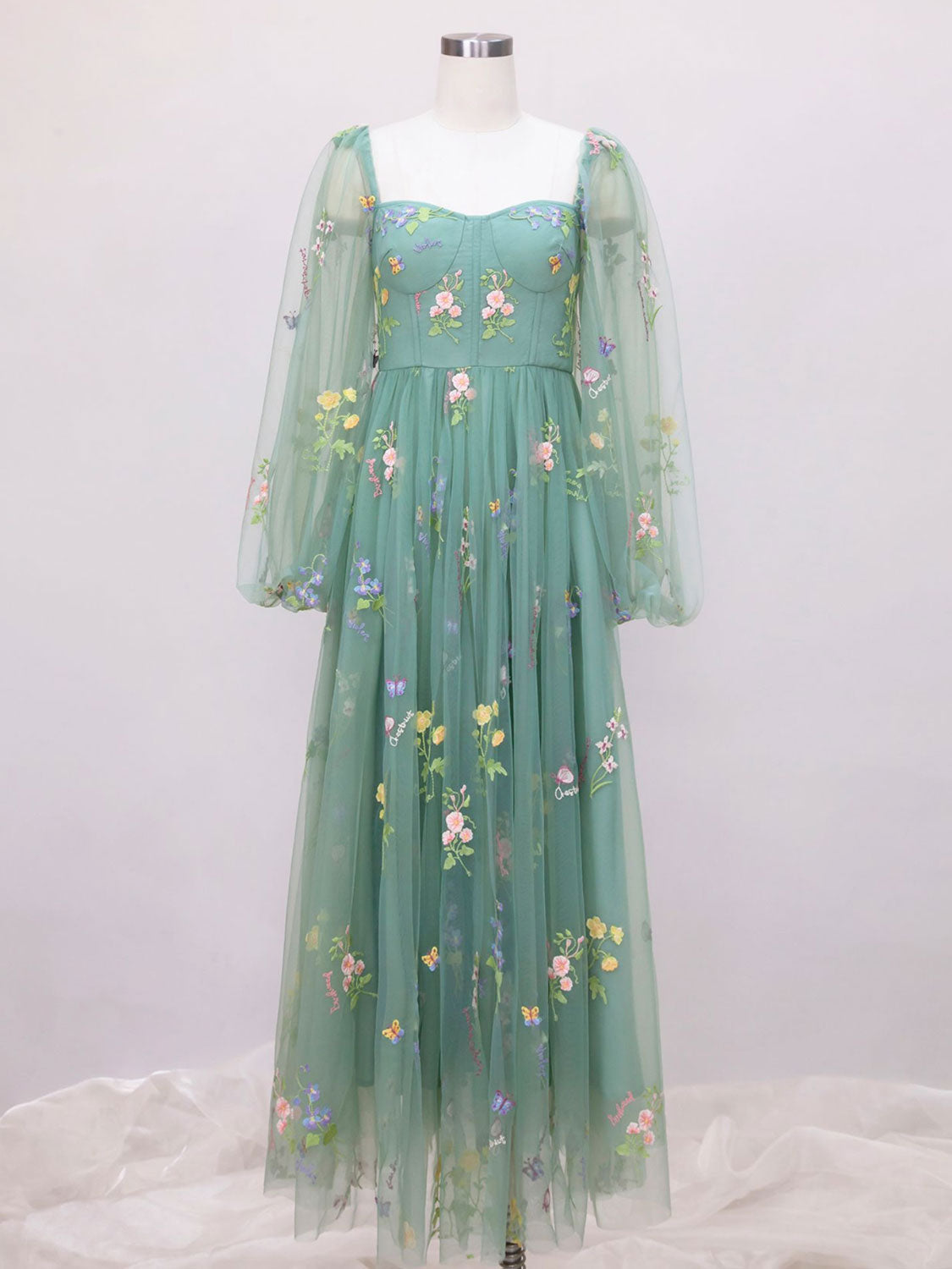 Boho Green Lace Corset Tea Length Prom Dress with Long Sleeves - DollyGown
