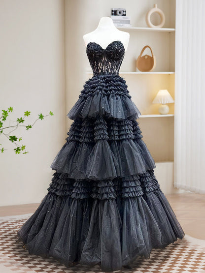 Black Strapless  Tulle Tiered Sheer Prom Dress - DollyGown