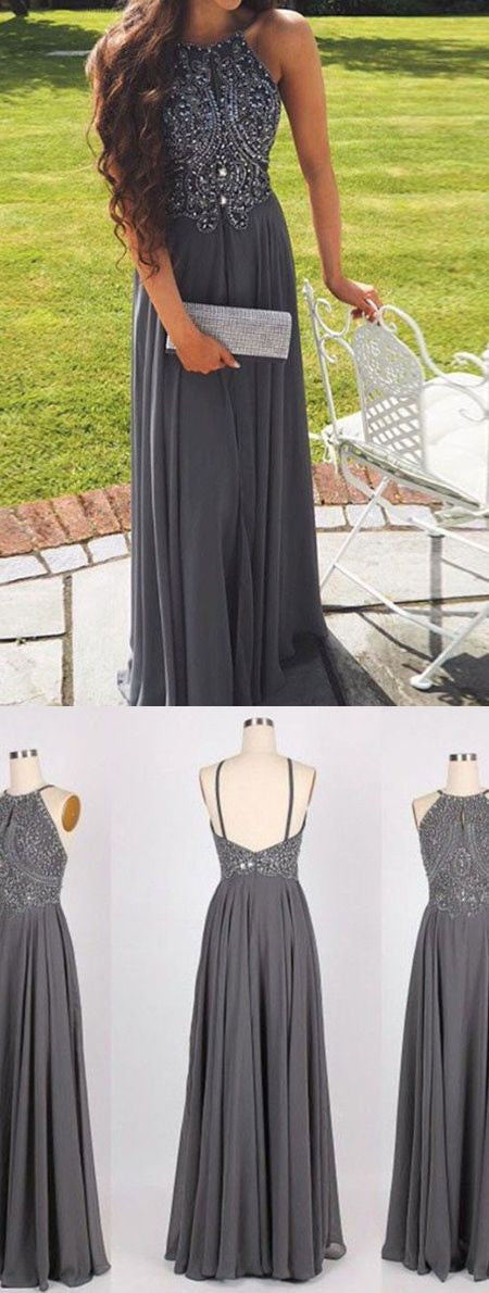 Dark Gray Bead Top Chiffon Halter Neck Prom Dress Dark Gray Bead Top Chiffon Halter Neck Prom Dress