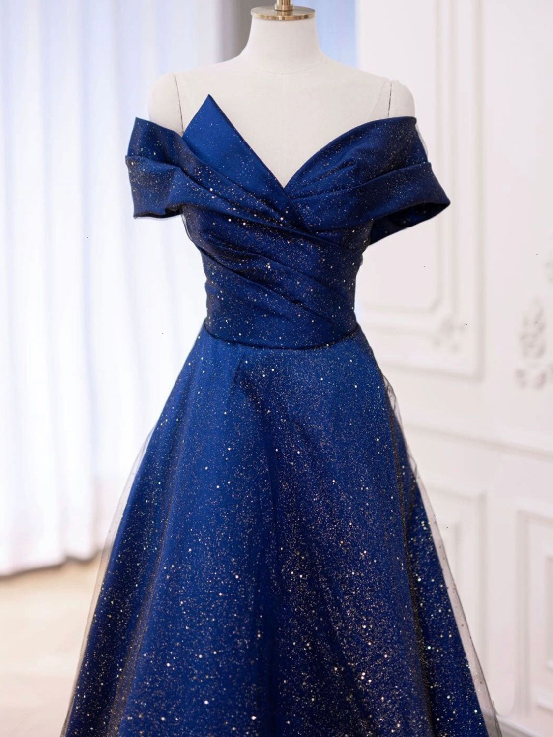 Glitter A-line Royal Blue Off The Shoulder Prom Dress - DollyGown