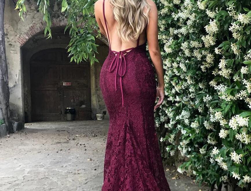 Newest Backless Sexy Lace Burgundy Mermaid Prom Dress Long Formal Dress,#7110610-Dolly Gown