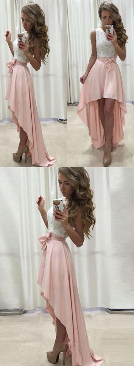 Sexy High Low Homecoming Dress White Lace Top Prom Dress with Pink ...