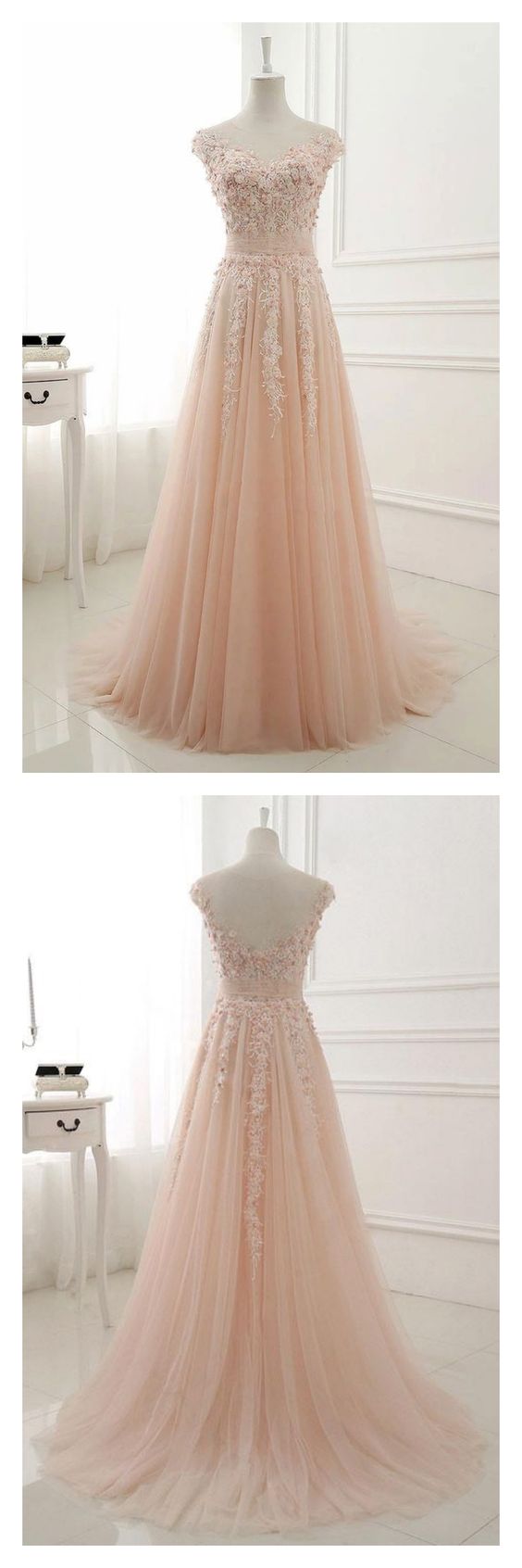 2019 Romantic Floral A-line Tulle Unique Pale Pink Wedding Dress,#711063-Dolly Gown