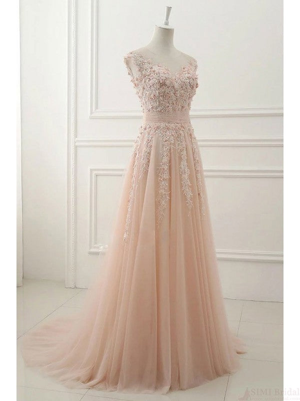 Romantic Floral A-line Tulle Unique Pale Pink Wedding Dress