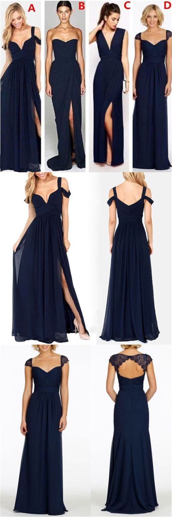 A-line Navy Blue Mismatched Side Slits Long Bridesmaid Dresses Wedding Guest Dresses A-line Navy Blue Mismatched Side Slits Long Bridesmaid Dresses Wedding Guest Dresses
