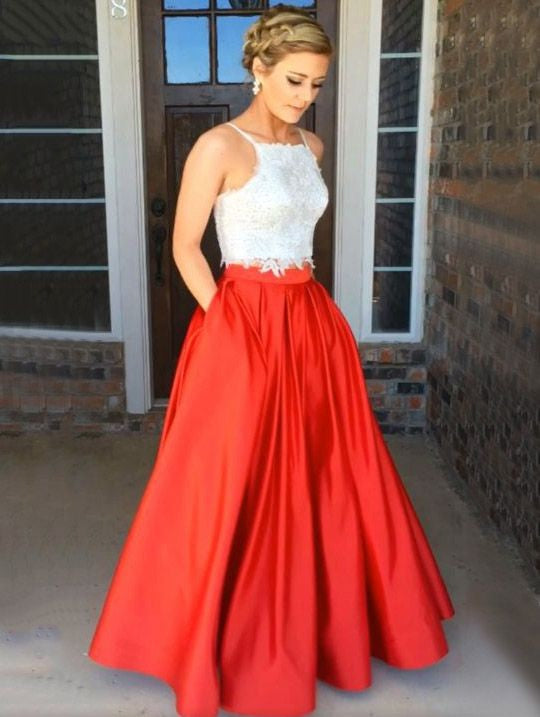 red and white dresses for prom Lace V-neck Ivory Satin A-line Long Cute Dress Heres a prom 2 Piece White Lace Crop