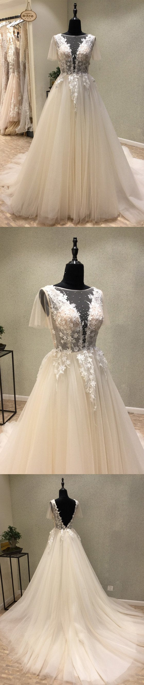 Sexy See Through Floral Tulle Deep V Neck Lace Top  Ball Gown Wedding Dress #711069-Dolly Gown