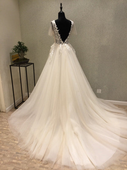 Sexy See Through Floral Tulle Deep V Neck Lace Top  Ball Gown Wedding Dress #711069-Dolly Gown