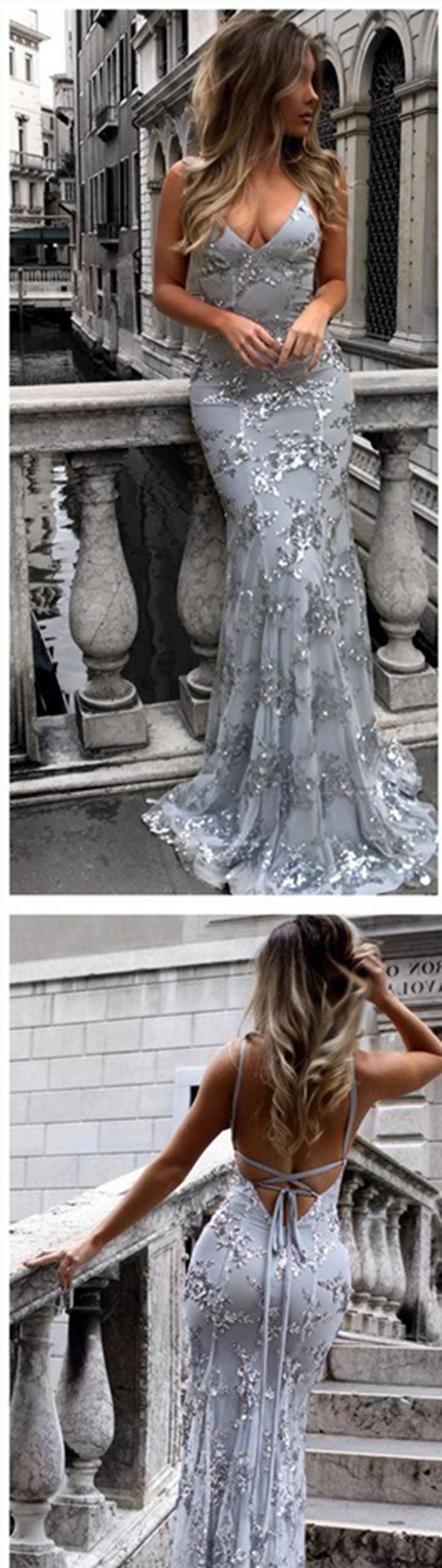 Backless Sexy Lace Fit and Flare Silver Grey Evening Gowns Prom Dress Backless Sexy Lace Fit and Flare Silver Grey Evening Gowns Prom Dress