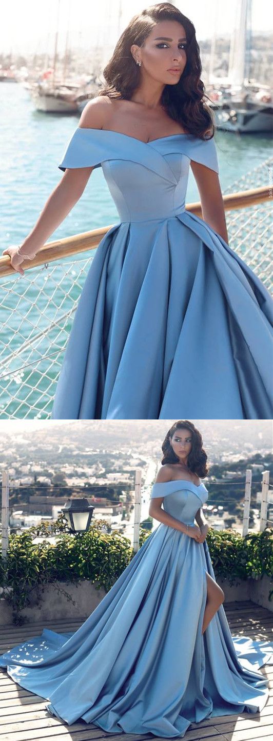 Blue Ball Gown Prom Dress Blue Off the Shoulder Prom Dress with Side Slit 711083-Dolly Gown