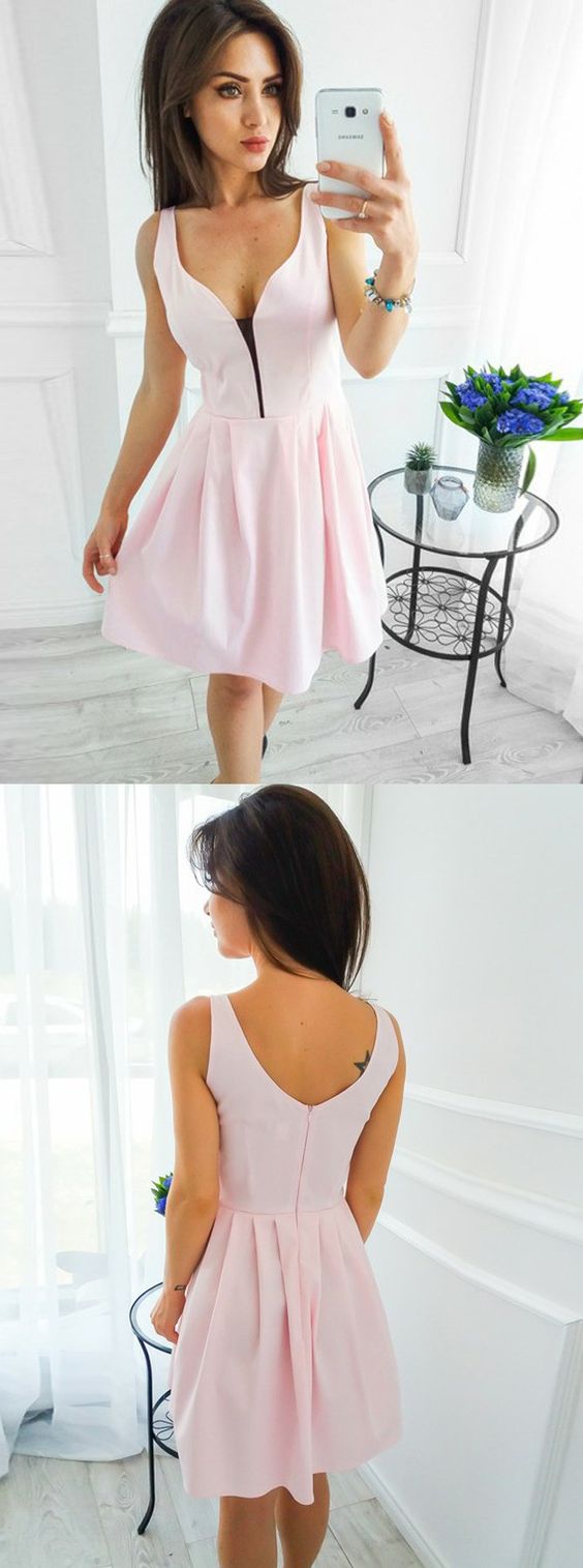 Simple Light Pink Short Prom Dress Homecoming Dress Deep-V Neck Freshman Homecoming Dress 711087