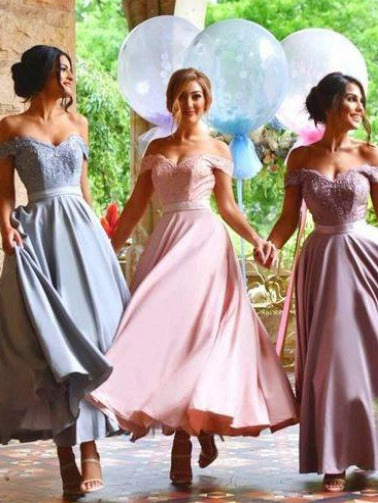 Ankle Length Pastel Bridesmaid Dresses,Off the Shoulder Bridesmaid Dresses with Delicate Lace Appliques,,#711088-Dolly Gown