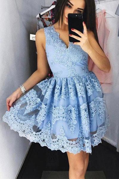 Blue Modest Lace Homecoming Dress Short for Freshman,Perfect Short Cocktail Dress,7111801-Dolly Gown