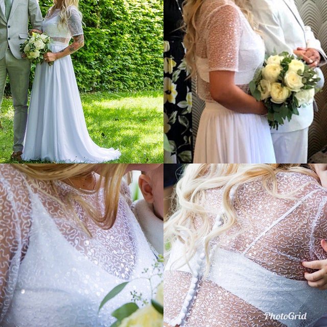Flowy Chiffon Skirt Two Piece Sleeved Bridal Separtes,Boho Casual Two Piece Wedding Dress,20081822-Dolly Gown