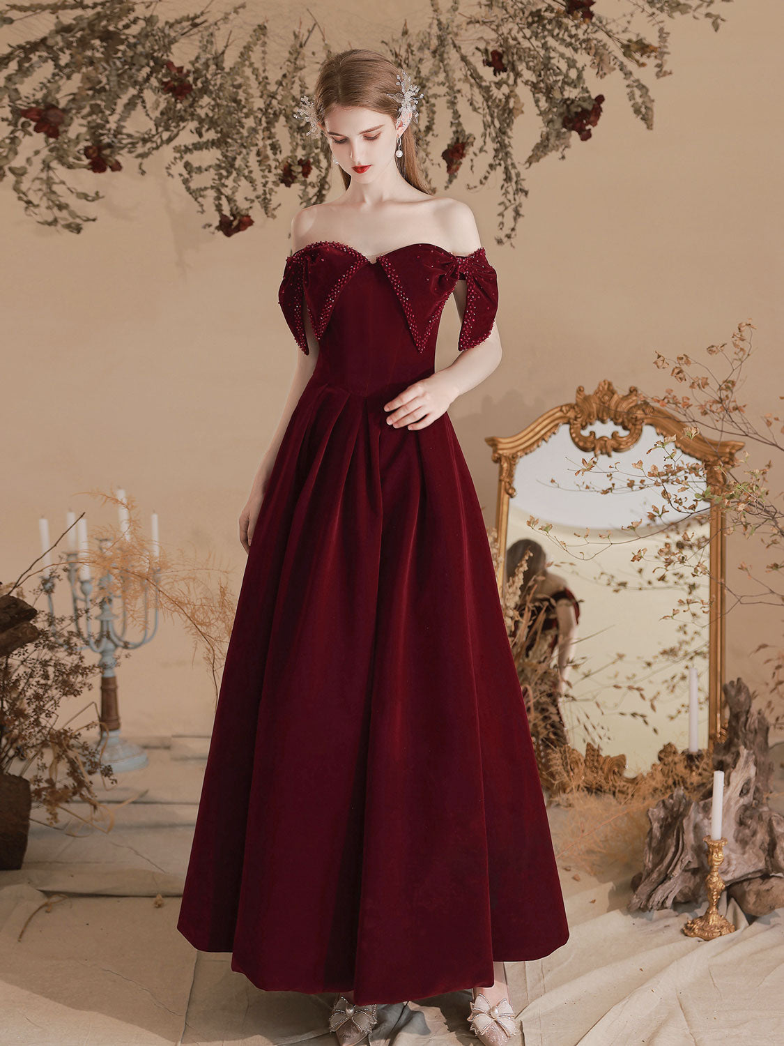 Classy Off The Shoulder Burgundy Velvet Prom Dress - DollyGown