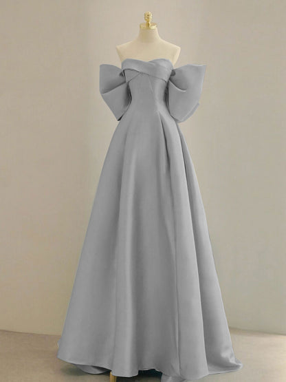 Light Blue A-line Strapless Satin Long Formal Dress with Bow Back - DollyGown
