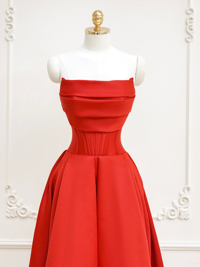 Simple Red Satin Maxi A-line Prom Dress - DollyGown