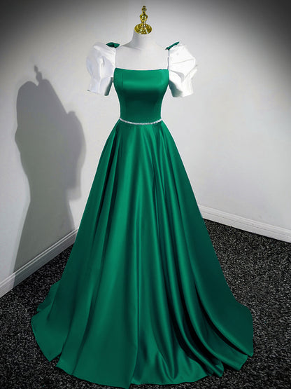 Emerald Green Square Neck A-line Maxi Prom Dress - DollyGown