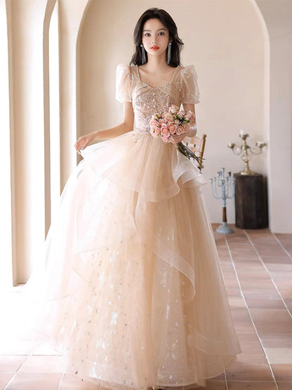 Princess Light Champagne Ruffle Skirt Prom Dress - DollyGown