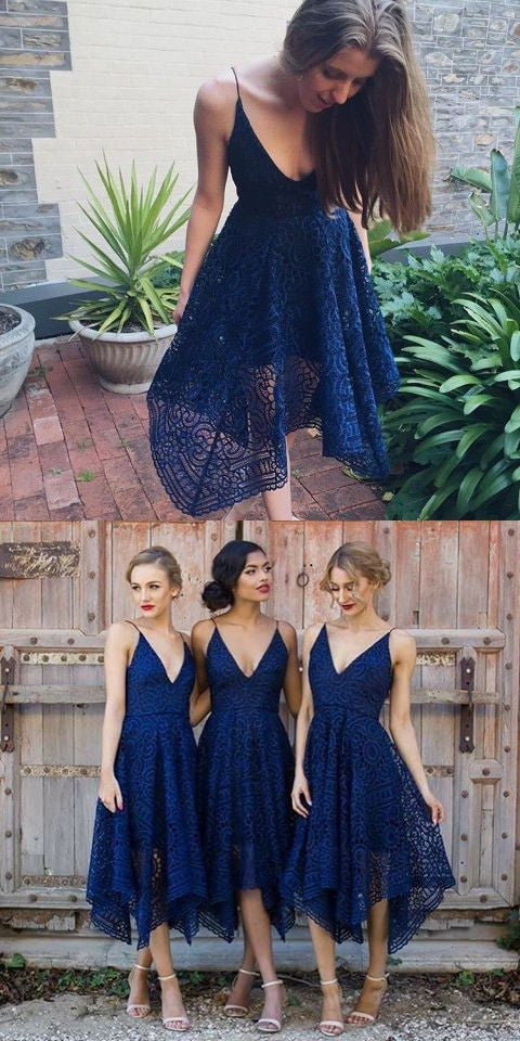 Stylish Asymmetrical Navy Blue Tea Length Lace Bridesmaid Dresses Stylish Asymmetrical Navy Blue Tea Length Lace Bridesmaid Dresses