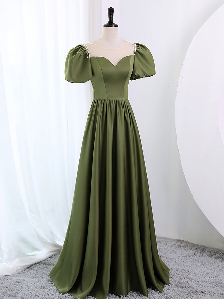 Sage Green Satin A-line Long Prom Dress with Bubble Short Sleeves Sage Green Satin A-line Long Prom Dress with Bubble Short Sleeves