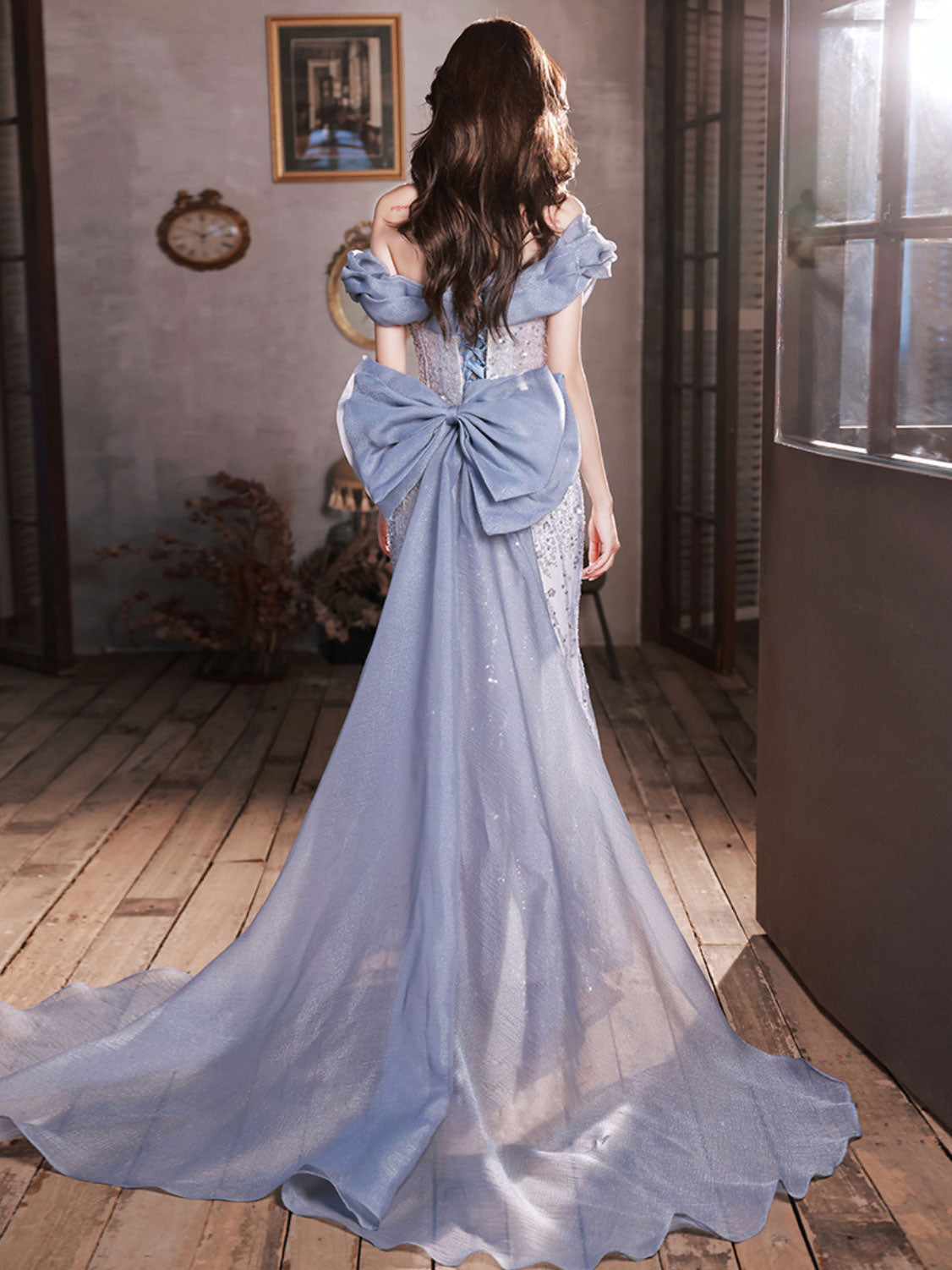 Dusty Blue Fishtailk Fitted Off The Shoulder Occasion Dress Prom Dress - DollyGown