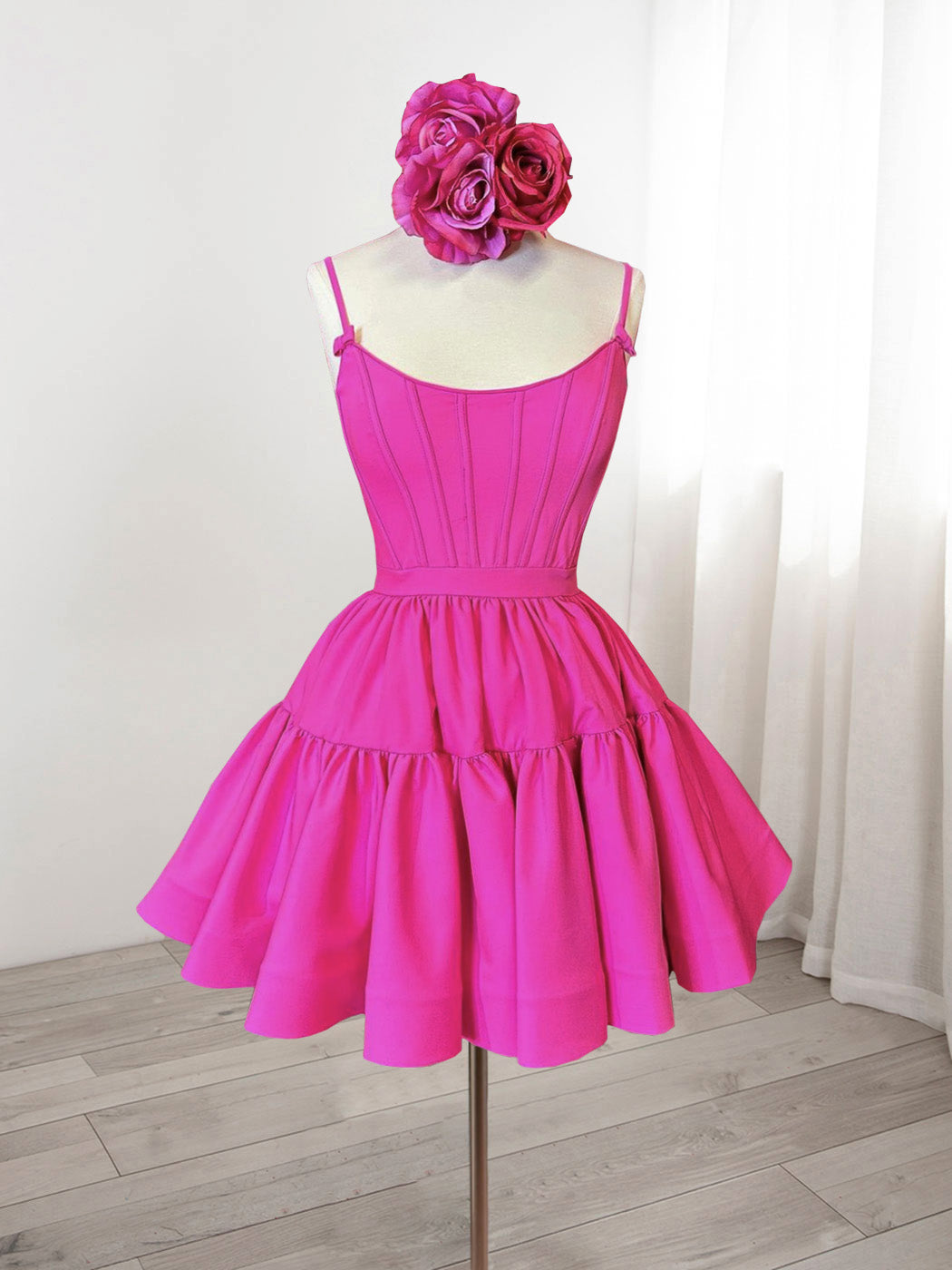 Hot Pink Boat Neck Spaghetti Strap Short Homecoming Dress - DollyGown