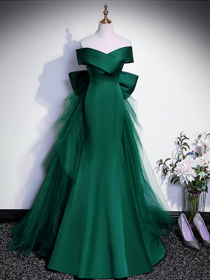 Overlap Neck Off The Shoulder Green Mermaid Formal Dress - DollyGown