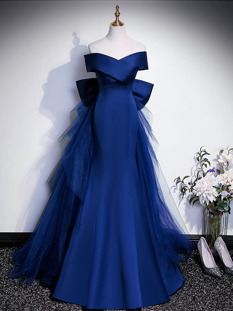 Off the Shoulder Royal Blue Satin Prom Dresses, Royal Blue Off Shoulde –  morievent