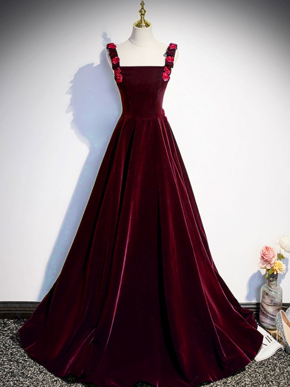 Burgundy Velvet Rose Straps A-line Prom Dress - DollyGown