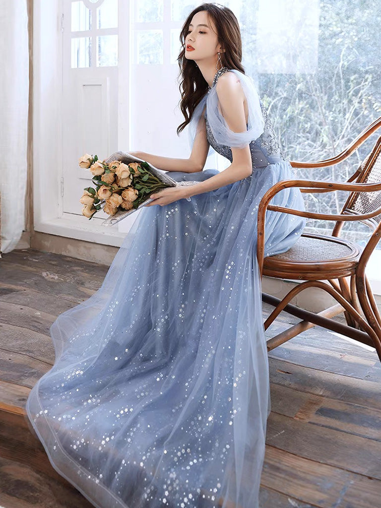Dusty Blue Halter Neck Off The Shoulder Lace Top Evening Dress Dusty Blue Halter Neck Off The Shoulder Lace Top Evening Dress