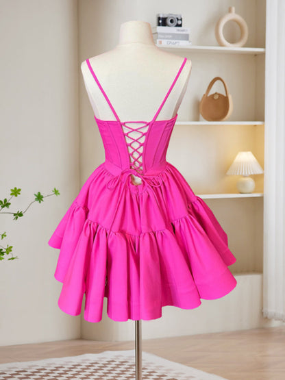 Hot Pink Boat Neck Spaghetti Strap Short Homecoming Dress - DollyGown