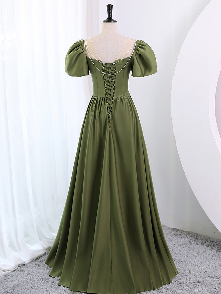 Sage Green Satin A-line Long Prom Dress with Bubble Short Sleeves Sage Green Satin A-line Long Prom Dress with Bubble Short Sleeves