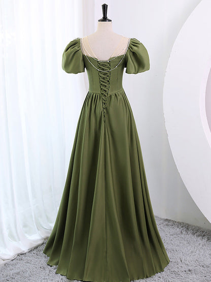 Sage Green Satin A-line Long Prom Dress with Bubble Short Sleeves - DollyGown