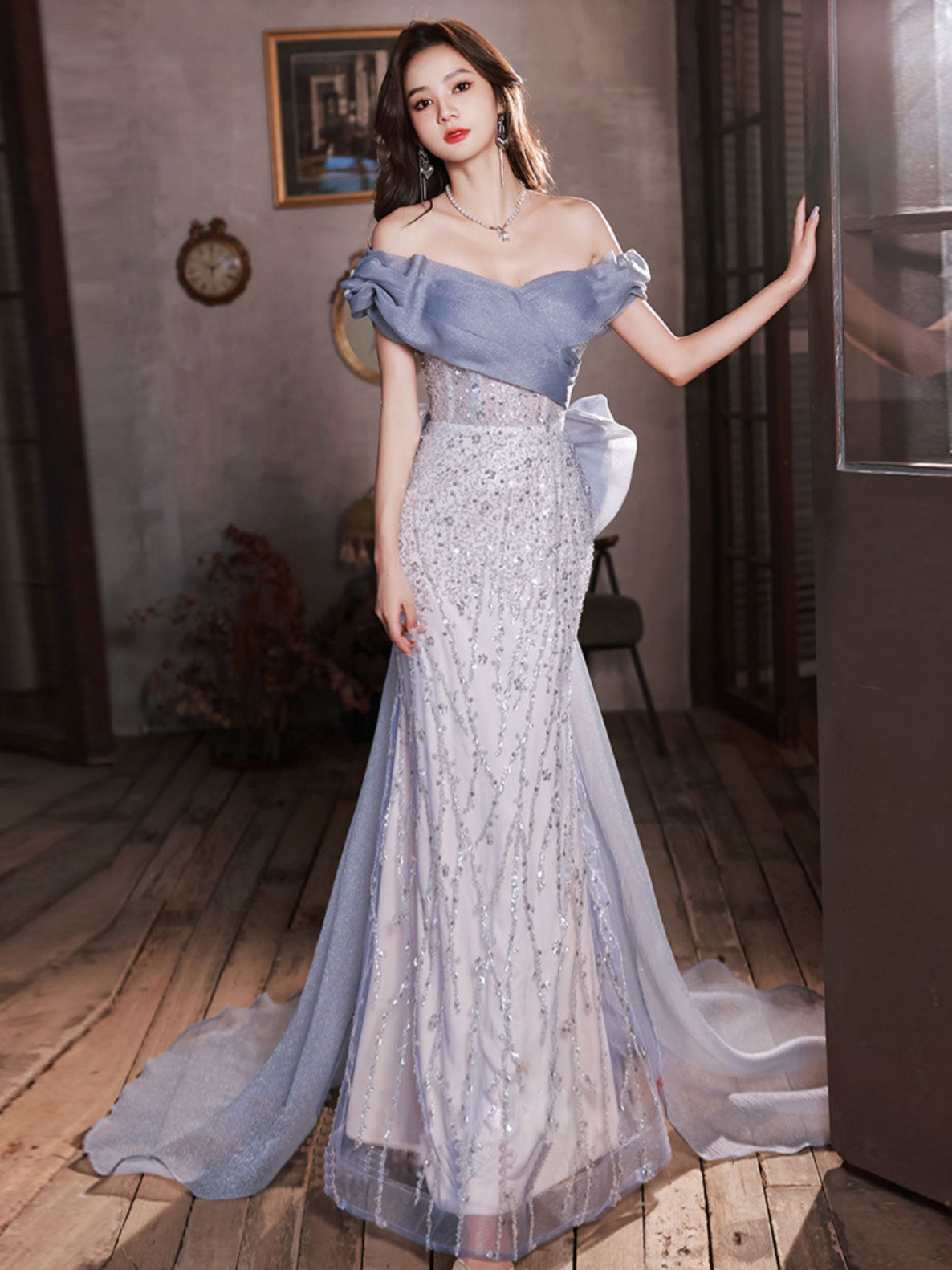 Dusty Blue Fishtailk Fitted Off The Shoulder Occasion Dress Prom Dress - DollyGown
