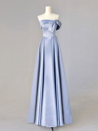 Stylish Strapless Satin Blue A-line Simple Prom Dress