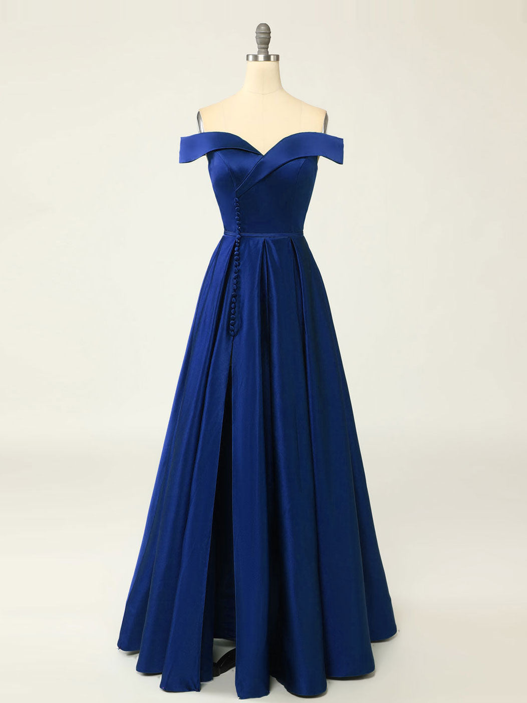 Overlap Neck Satin Royal Blue A-line Long Prom Dress Formal Party Dress - DollyGown