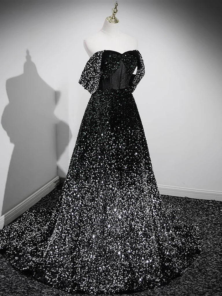 Black Sequins Off The Shoulder A-line Prom Dress Black Sequins Off The Shoulder A-line Prom Dress