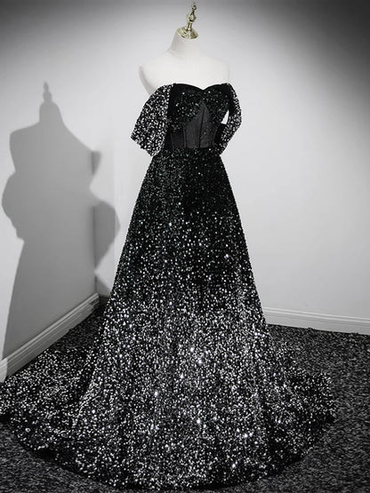 Black Sequins Off The Shoulder A-line Prom Dress - DollyGown