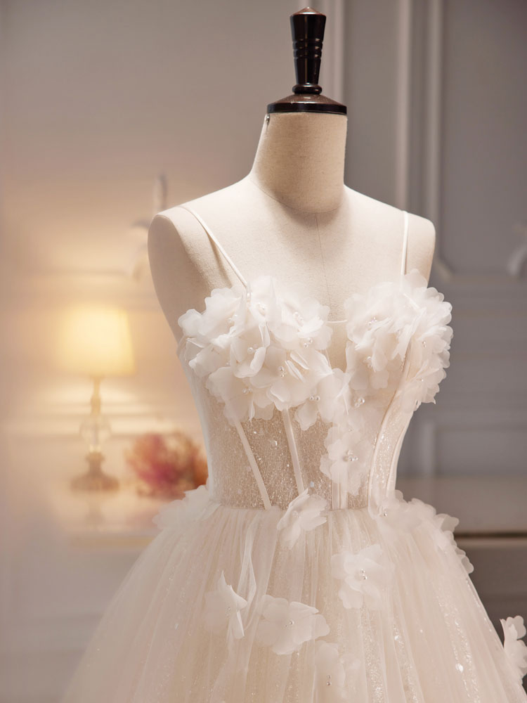 Spaghetti Strap See Through Ball Gown Ivory Wedding Dress - DollyGown