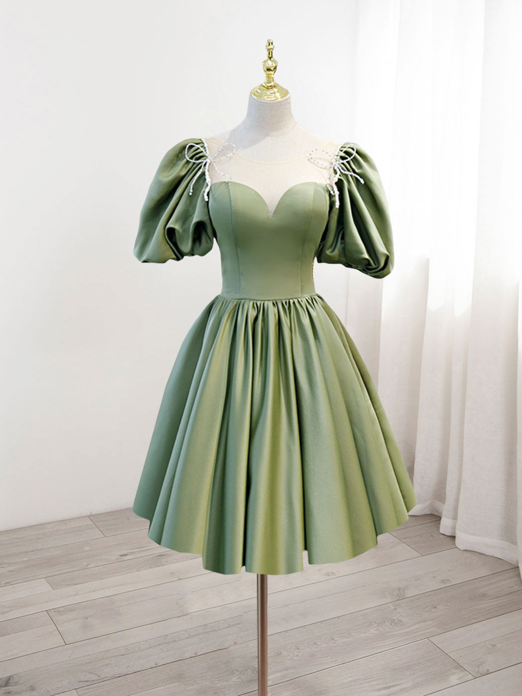 Sage Green Satin Short Homecoming Dress 8th Grade Dance Dress with Bubble Sleeves - DollyGown