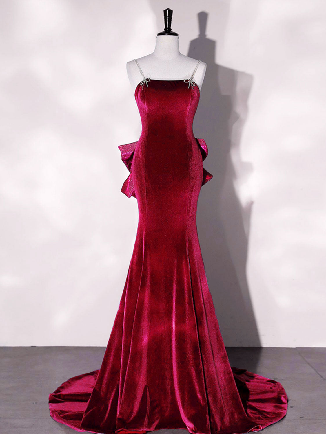 Spaghetti Strap Red Velvet Mermaid Prom Dress with Big Bow Back - DollyGown